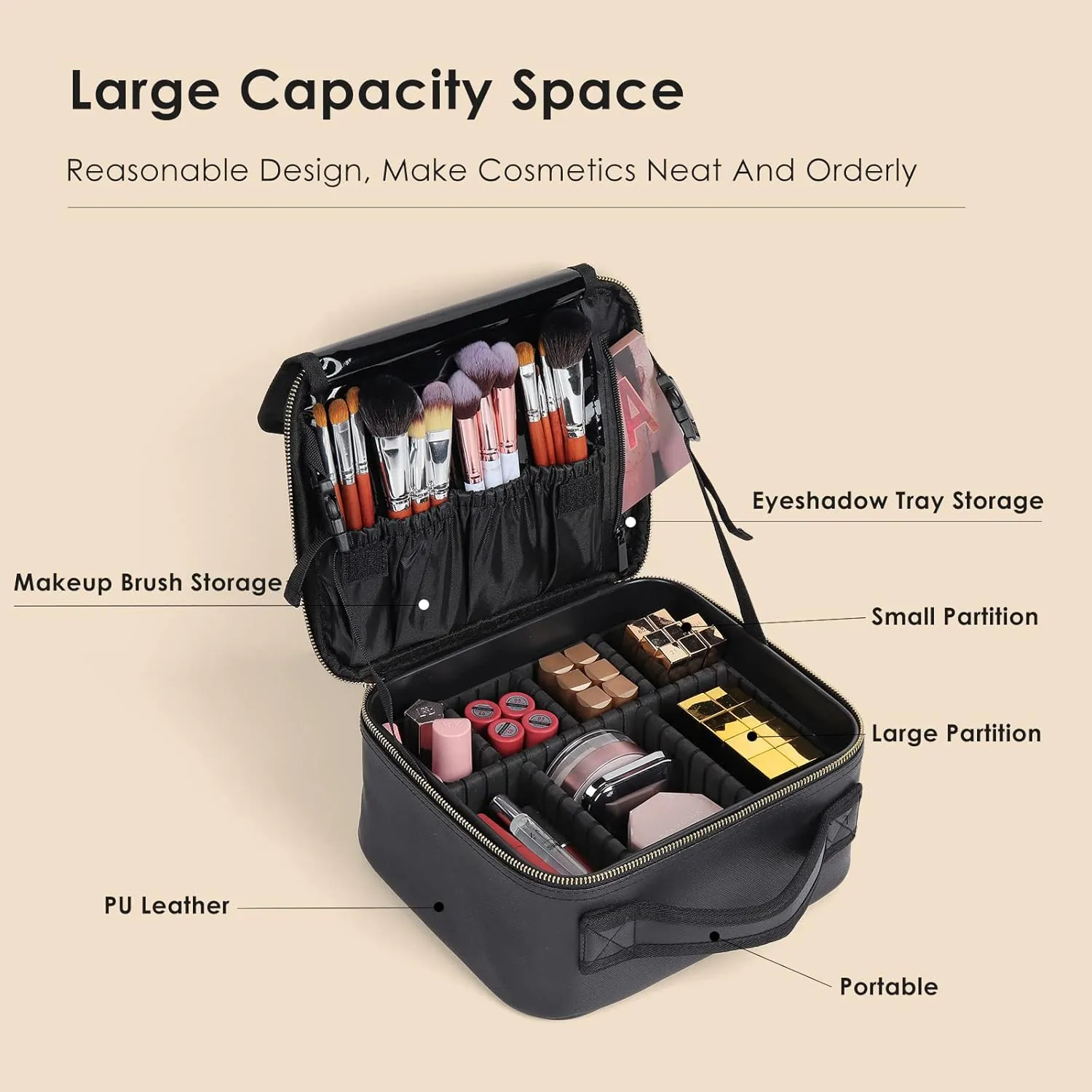 Travel Makeup Bag with Adjustable Dividers, Cosmetic Train Storage Case Organizer for Professional Cosmetic Brushes