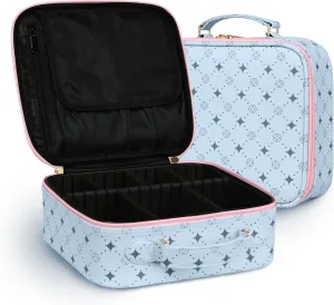 Travel Makeup Bag,Waterproof Cosmetic Organizer, Adjustable Dividers,Portability Cosmetic Train Case,Makeup organizer,Gift for Women,Girls Gift (Blue Pink)