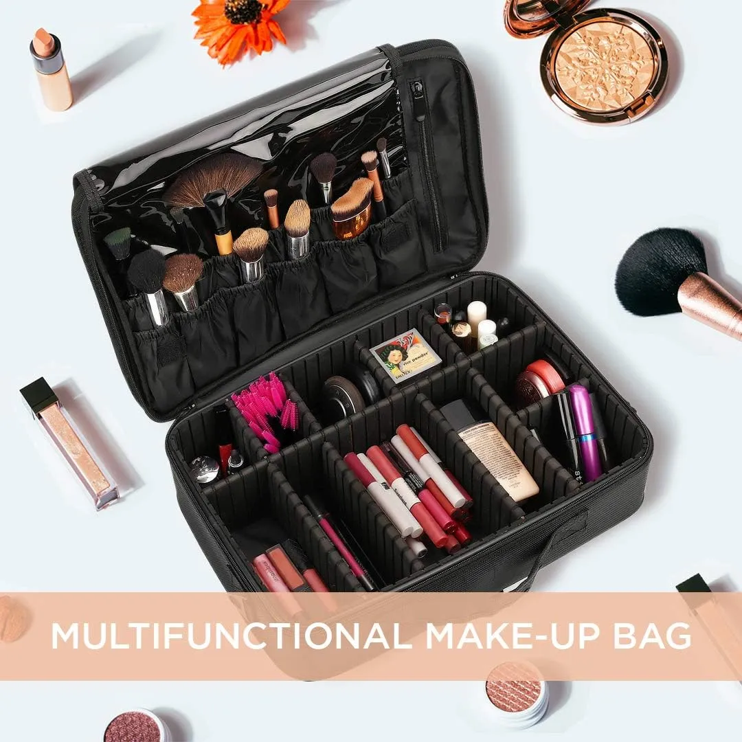 Travel Makeup Case Cosmetic Train traveling kit Organizer Portable Artist Storage Makeup Bag with Adjustable Dividers for Cosmetics Makeup Brushes Jewelry Digital Accessories 14x10x4 waterproof bag