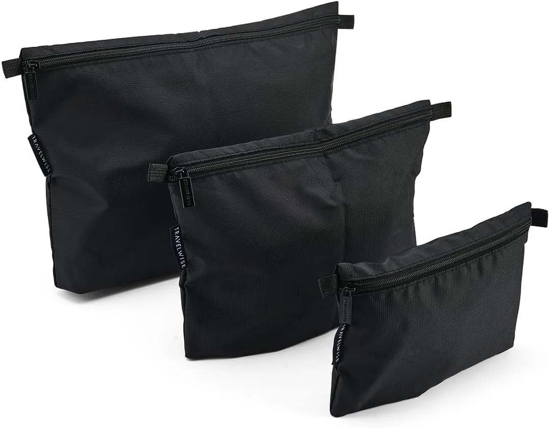 TravelWise 3 Piece Pouch Set, Luggage and Travel Organizers, Zipper Travel Bags, Black