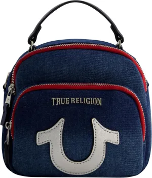 True Religion Mini Backpack, Convertible Denim Small Travel Bag Purse for Men and Women, Adjustable Shoulder Straps