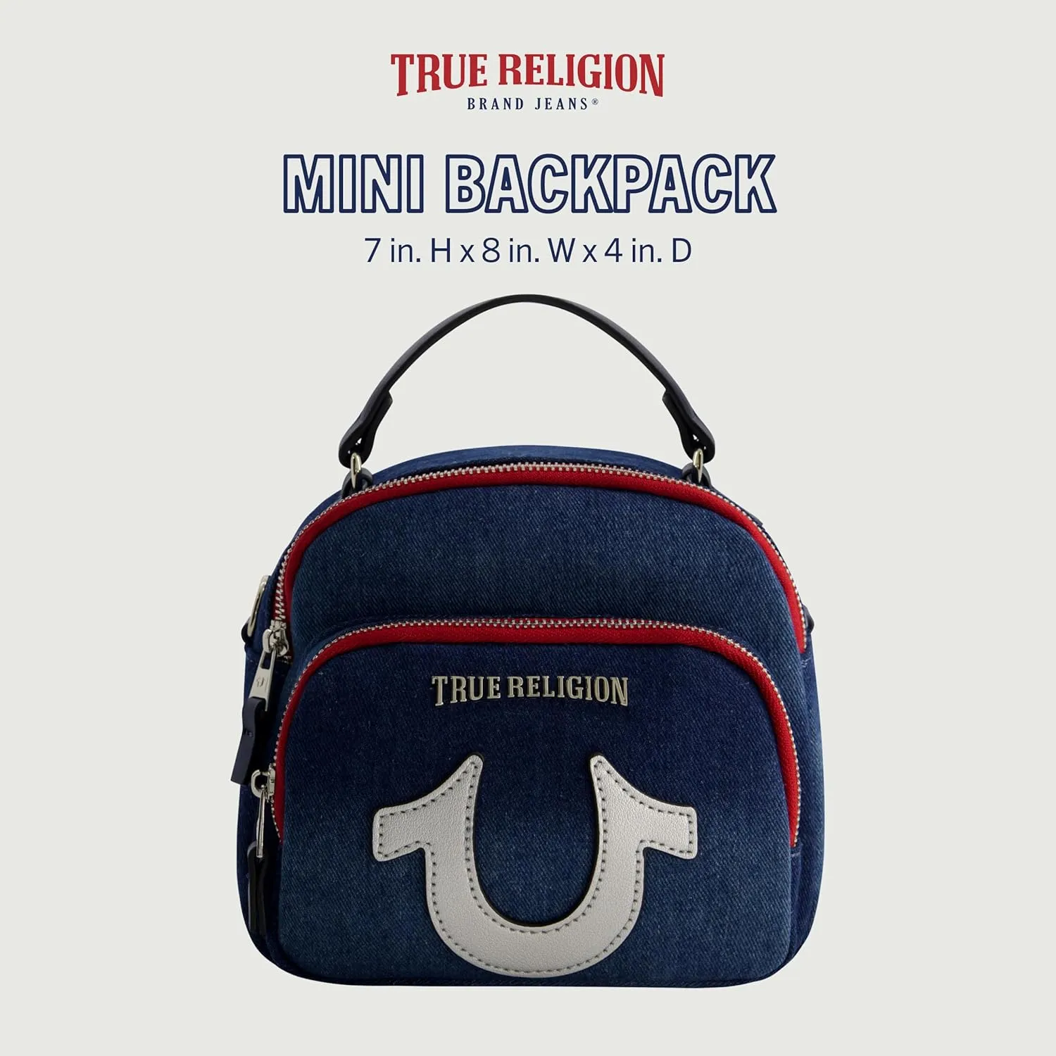 True Religion Mini Backpack, Convertible Denim Small Travel Bag Purse for Men and Women, Adjustable Shoulder Straps