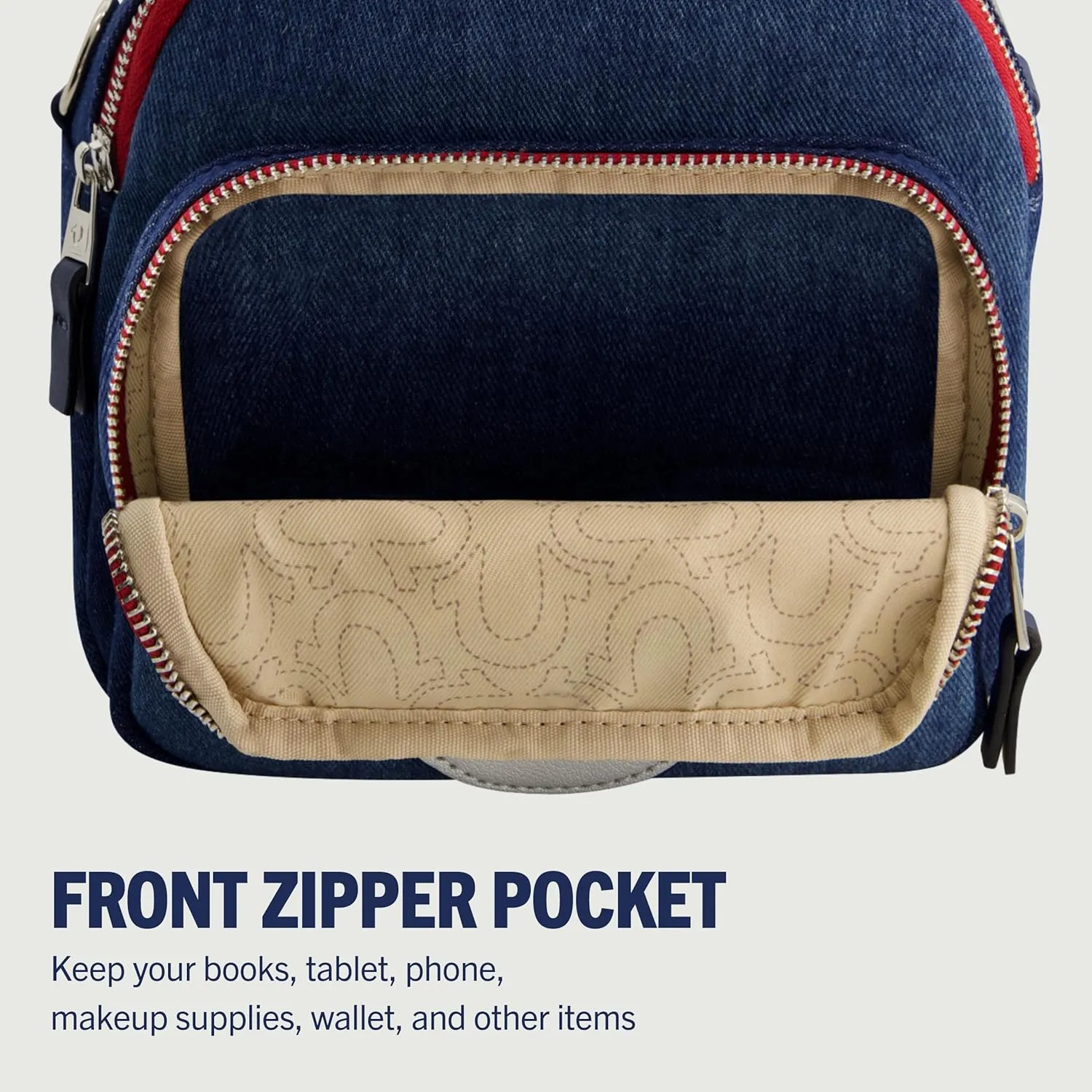 True Religion Mini Backpack, Convertible Denim Small Travel Bag Purse for Men and Women, Adjustable Shoulder Straps