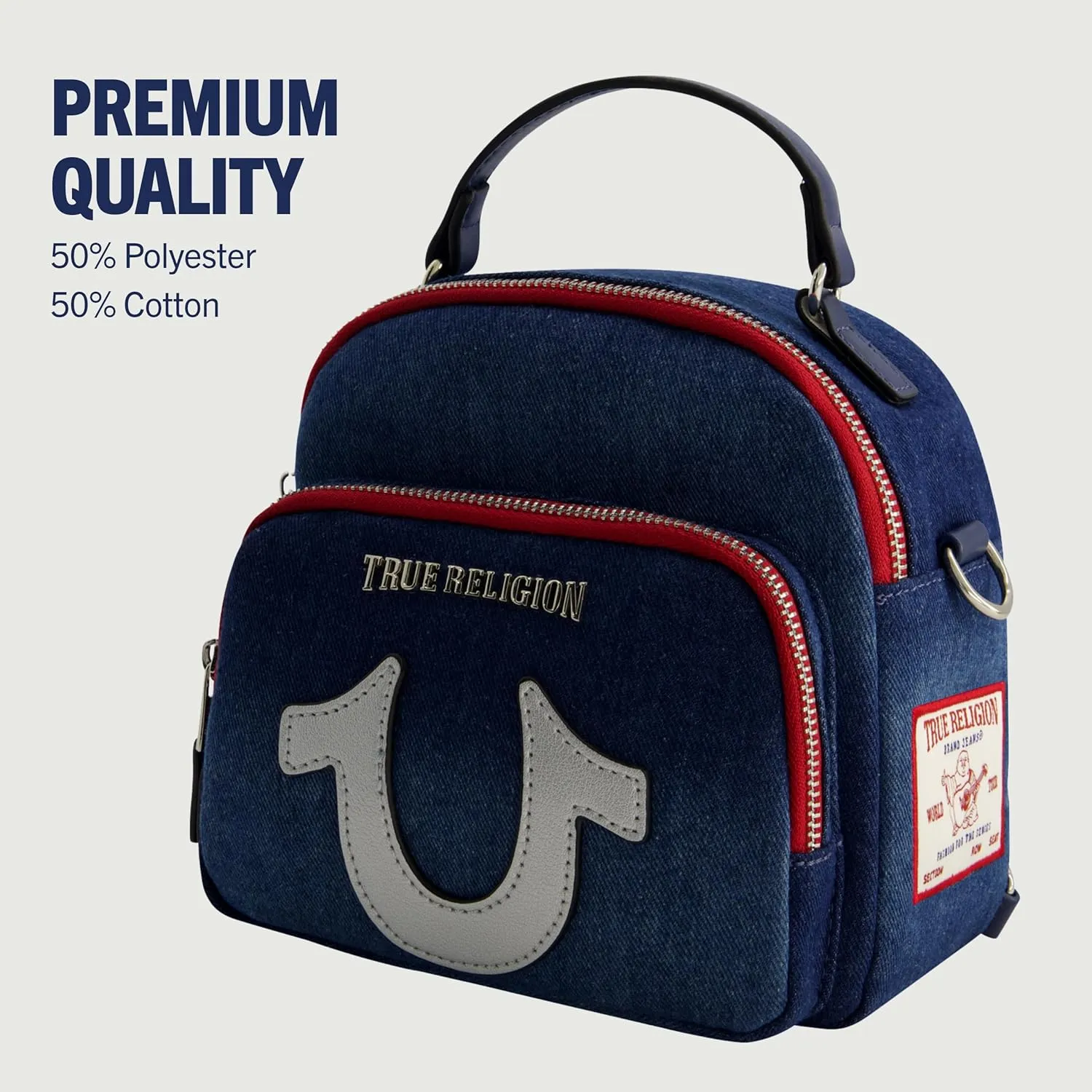 True Religion Mini Backpack, Convertible Denim Small Travel Bag Purse for Men and Women, Adjustable Shoulder Straps
