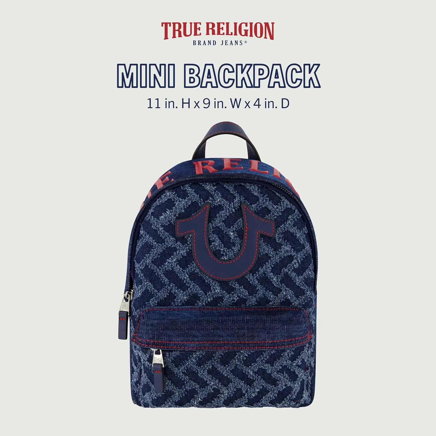 True Religion Mini Backpack, Horsehsoe Logo Small Travel Bag Purse for Men and Women, Adjustable Shoulder Straps, Dark Denim, 11 Inch