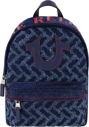 True Religion Mini Backpack, Horsehsoe Logo Small Travel Bag Purse for Men and Women, Adjustable Shoulder Straps, Dark Denim, 11 Inch