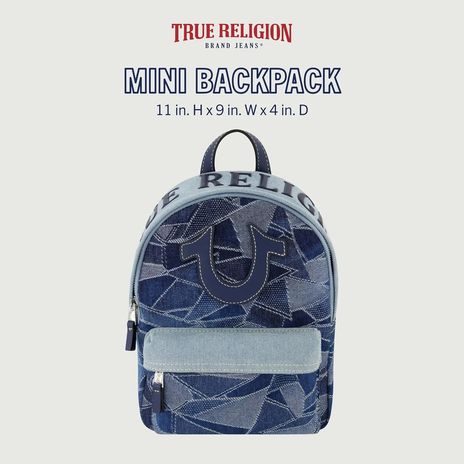 True Religion Mini Backpack, Horsehsoe Logo Small Travel Bag Purse for Men and Women, Adjustable Shoulder Straps, Light Denim, 11 Inch
