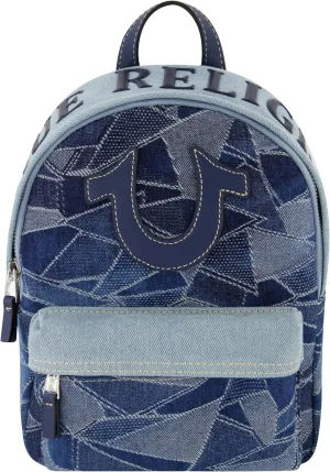 True Religion Mini Backpack, Horsehsoe Logo Small Travel Bag Purse for Men and Women, Adjustable Shoulder Straps, Light Denim, 11 Inch