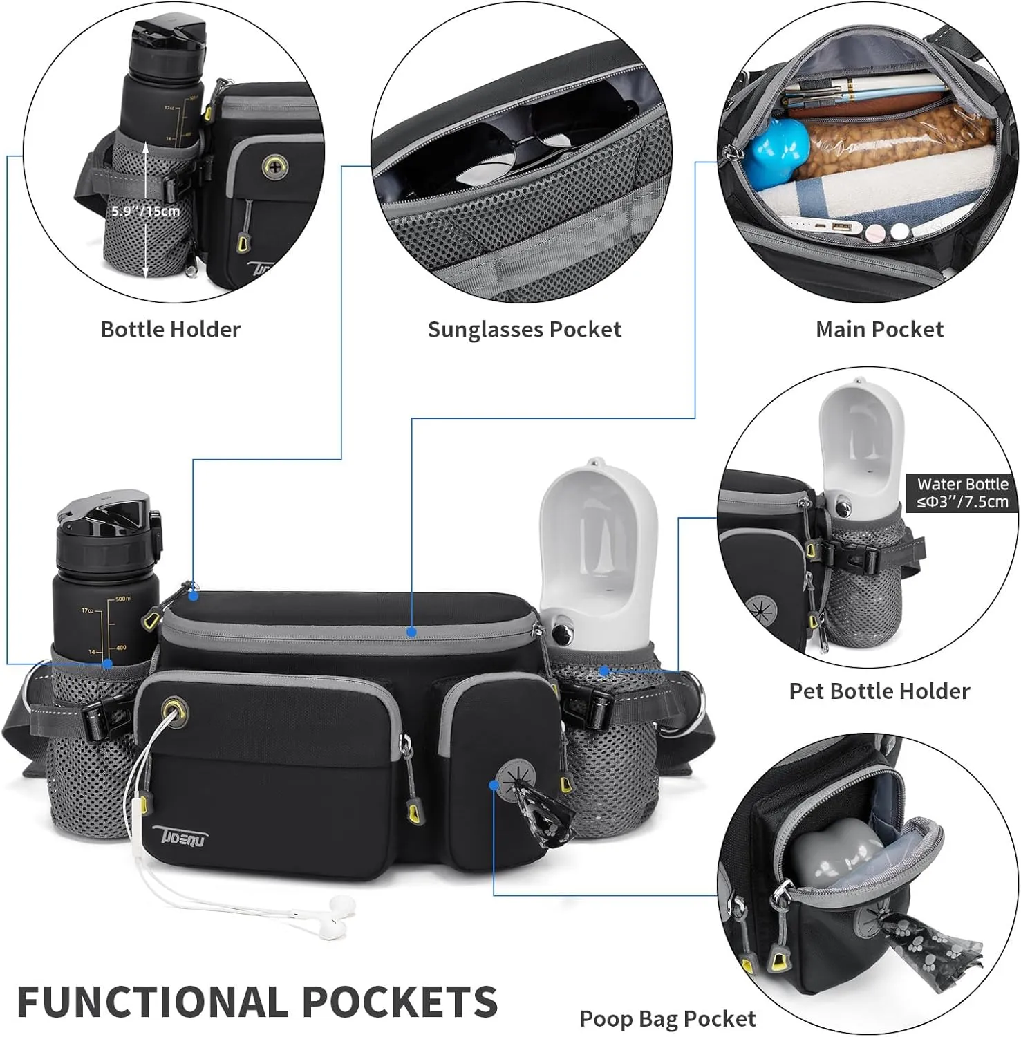 TUDEQU Waist Bag for Men, Mens Fanny Pack Crossbody, Large Fanny Pack for Men with Water Bottle Holders, Hiking Waist Pack