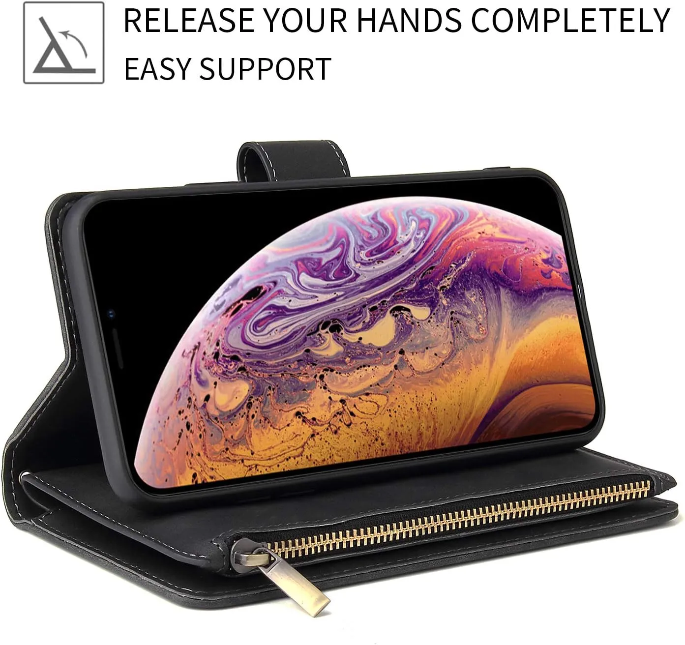 UEEBAI Wallet Case for iPhone 11 Pro Max 6.5 inch, Premium Vintage PU Leather Magnetic Closure Handbag Zipper Pocket Case Kickstand Card Holder Slots with Wrist Strap TPU Shockproof Flip Cover - Black