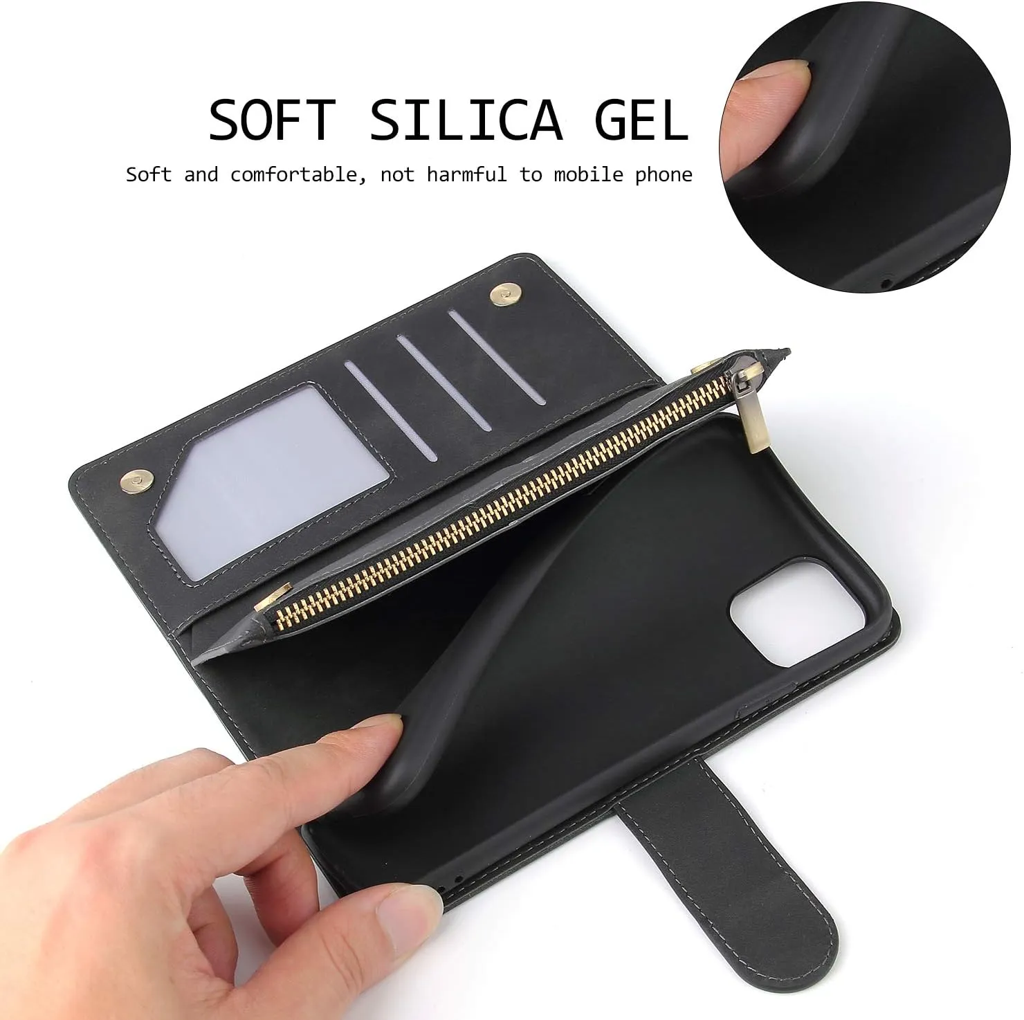 UEEBAI Wallet Case for iPhone 11 Pro Max 6.5 inch, Premium Vintage PU Leather Magnetic Closure Handbag Zipper Pocket Case Kickstand Card Holder Slots with Wrist Strap TPU Shockproof Flip Cover - Black