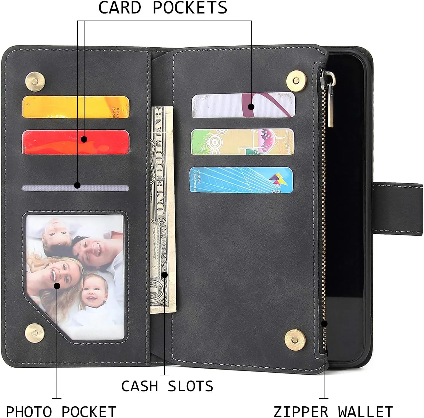 UEEBAI Wallet Case for iPhone 11 Pro Max 6.5 inch, Premium Vintage PU Leather Magnetic Closure Handbag Zipper Pocket Case Kickstand Card Holder Slots with Wrist Strap TPU Shockproof Flip Cover - Black