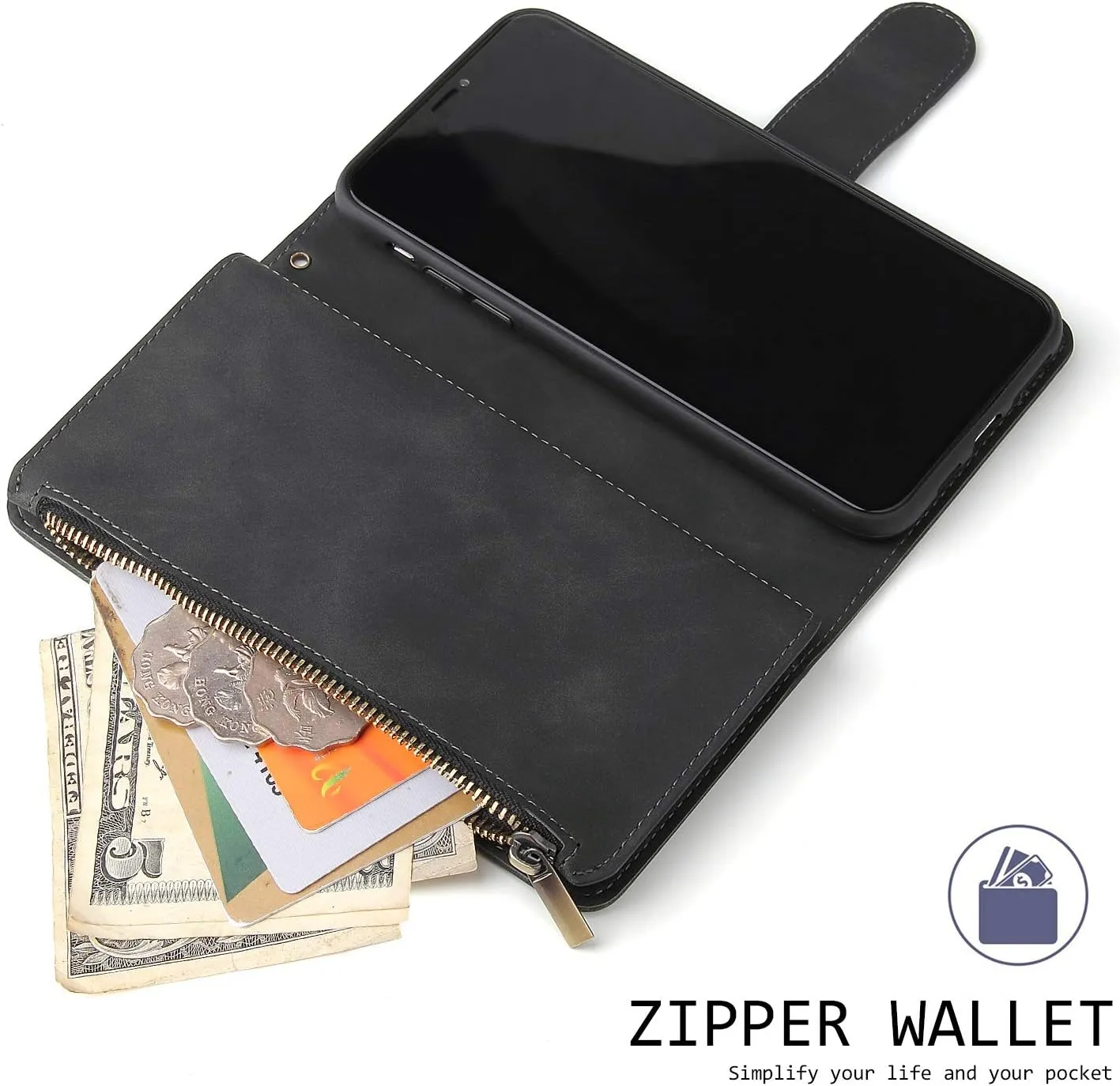 UEEBAI Wallet Case for iPhone 11 Pro Max 6.5 inch, Premium Vintage PU Leather Magnetic Closure Handbag Zipper Pocket Case Kickstand Card Holder Slots with Wrist Strap TPU Shockproof Flip Cover - Black