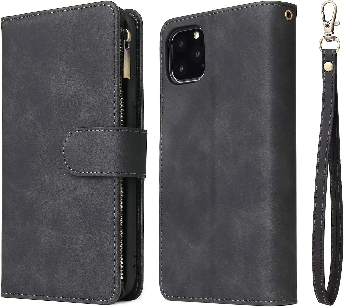 UEEBAI Wallet Case for iPhone 11 Pro Max 6.5 inch, Premium Vintage PU Leather Magnetic Closure Handbag Zipper Pocket Case Kickstand Card Holder Slots with Wrist Strap TPU Shockproof Flip Cover - Black
