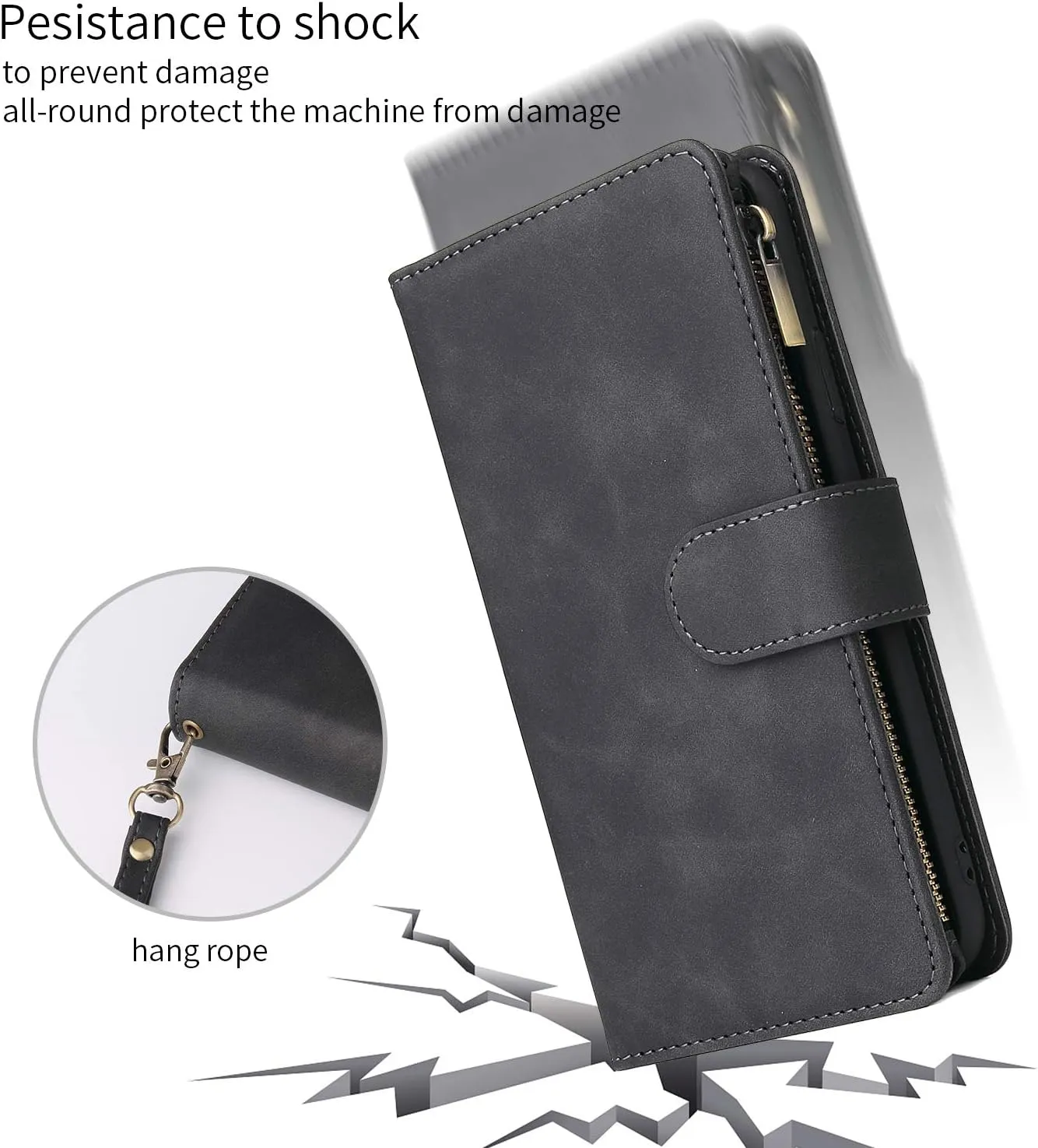 UEEBAI Wallet Case for iPhone 11 Pro Max 6.5 inch, Premium Vintage PU Leather Magnetic Closure Handbag Zipper Pocket Case Kickstand Card Holder Slots with Wrist Strap TPU Shockproof Flip Cover - Black