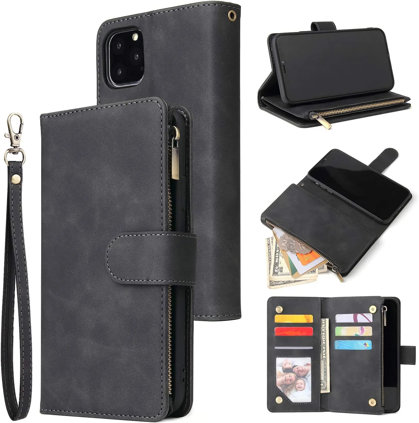 UEEBAI Wallet Case for iPhone 11 Pro Max 6.5 inch, Premium Vintage PU Leather Magnetic Closure Handbag Zipper Pocket Case Kickstand Card Holder Slots with Wrist Strap TPU Shockproof Flip Cover - Black