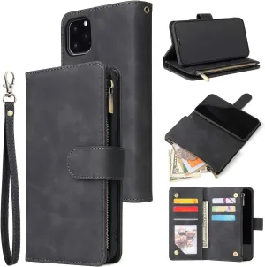 UEEBAI Wallet Case for iPhone 11 Pro Max 6.5 inch, Premium Vintage PU Leather Magnetic Closure Handbag Zipper Pocket Case Kickstand Card Holder Slots with Wrist Strap TPU Shockproof Flip Cover - Black