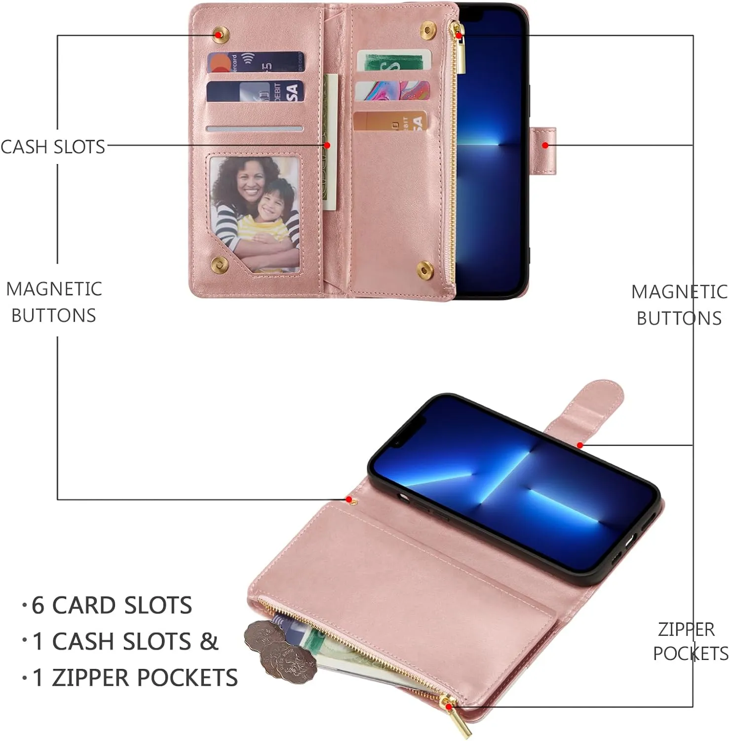 UEEBAI Wallet Case for iPhone 15 6.1 inch, High-End PU Leather Magnetic Handbag Zipper Pocket Case Kickstand Card Holder Slots Wrist Strap TPU Shockproof Rose Flip Cover for Women - Flower Rose Gold