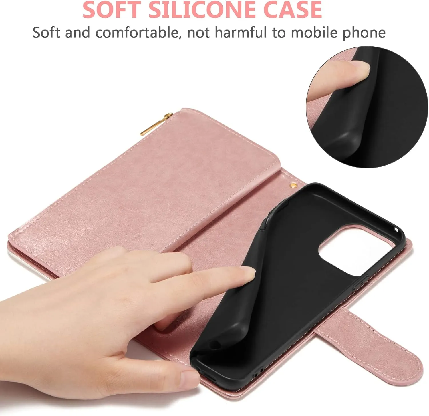 UEEBAI Wallet Case for iPhone 15 6.1 inch, High-End PU Leather Magnetic Handbag Zipper Pocket Case Kickstand Card Holder Slots Wrist Strap TPU Shockproof Rose Flip Cover for Women - Flower Rose Gold