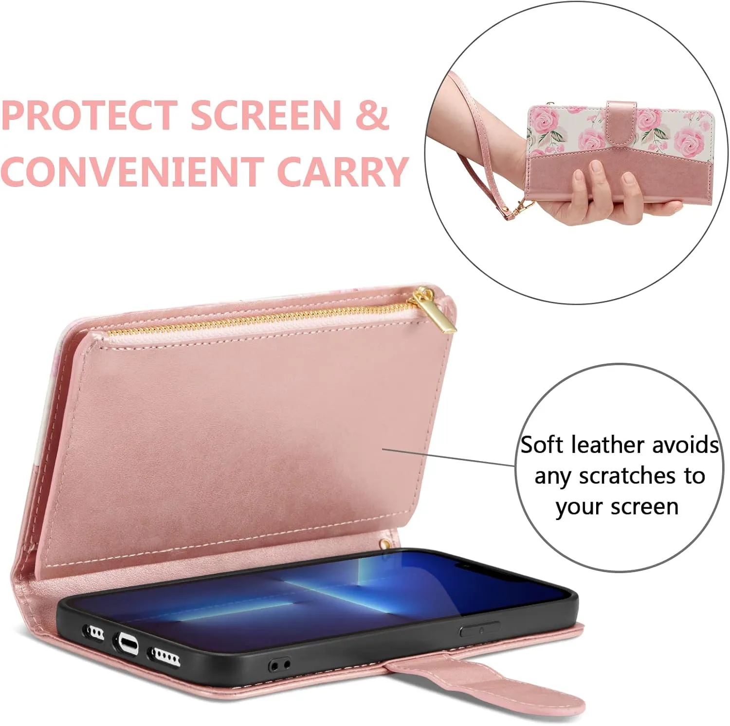 UEEBAI Wallet Case for iPhone 15 6.1 inch, High-End PU Leather Magnetic Handbag Zipper Pocket Case Kickstand Card Holder Slots Wrist Strap TPU Shockproof Rose Flip Cover for Women - Flower Rose Gold