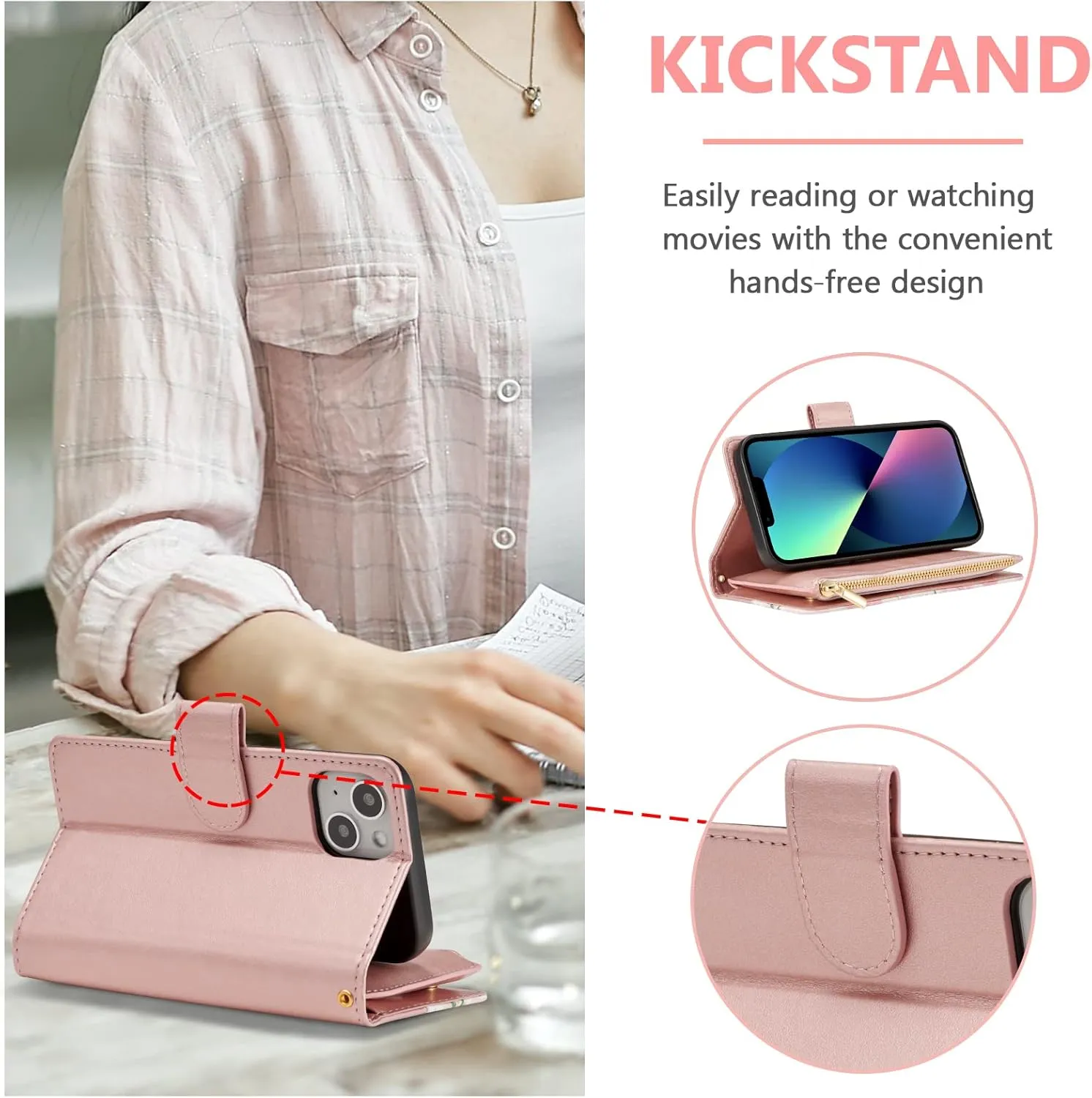 UEEBAI Wallet Case for iPhone 15 6.1 inch, High-End PU Leather Magnetic Handbag Zipper Pocket Case Kickstand Card Holder Slots Wrist Strap TPU Shockproof Rose Flip Cover for Women - Flower Rose Gold