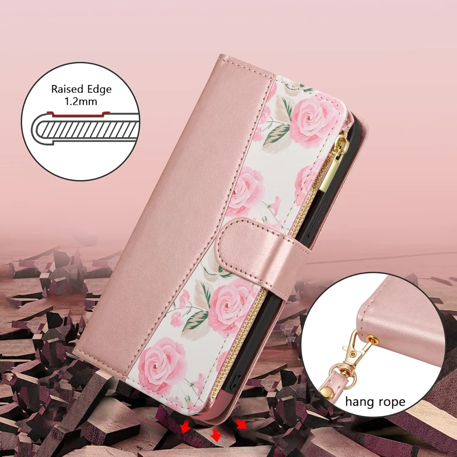 UEEBAI Wallet Case for iPhone 15 6.1 inch, High-End PU Leather Magnetic Handbag Zipper Pocket Case Kickstand Card Holder Slots Wrist Strap TPU Shockproof Rose Flip Cover for Women - Flower Rose Gold