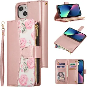 UEEBAI Wallet Case for iPhone 15 6.1 inch, High-End PU Leather Magnetic Handbag Zipper Pocket Case Kickstand Card Holder Slots Wrist Strap TPU Shockproof Rose Flip Cover for Women - Flower Rose Gold