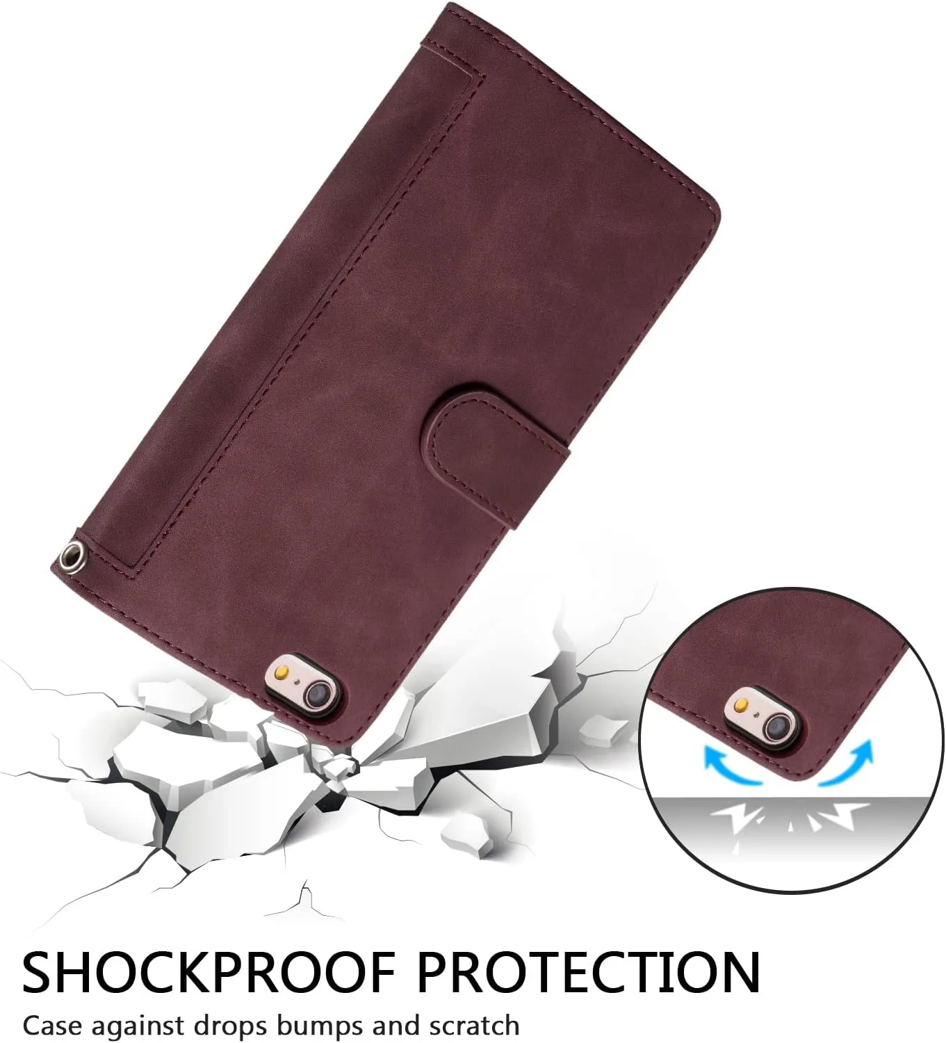 UEEBAI Wallet Case for iPhone 16e, 9 Card Holder Slots Zipper Pocket Handbag Cover Magnetic Closure Kickstand with Wrist Strap TPU Shockproof SE4 Flip Case for Women - Wine Red