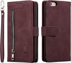 UEEBAI Wallet Case for iPhone 16e, 9 Card Holder Slots Zipper Pocket Handbag Cover Magnetic Closure Kickstand with Wrist Strap TPU Shockproof SE4 Flip Case for Women - Wine Red