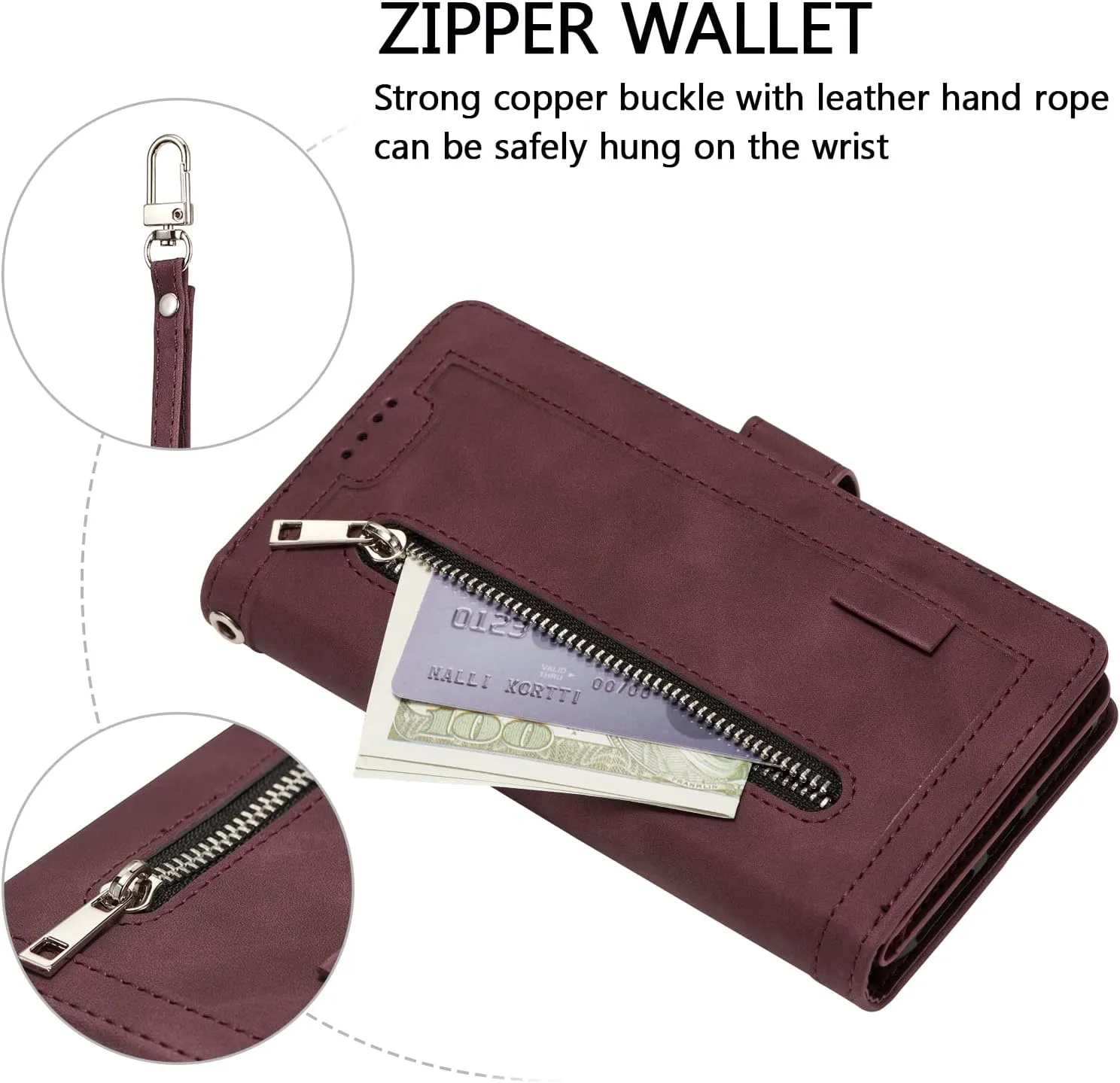 UEEBAI Wallet Case for iPhone 16e, 9 Card Holder Slots Zipper Pocket Handbag Cover Magnetic Closure Kickstand with Wrist Strap TPU Shockproof SE4 Flip Case for Women - Wine Red