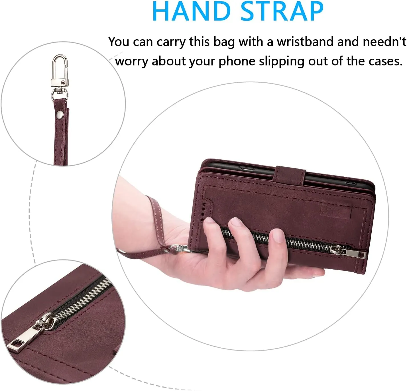 UEEBAI Wallet Case for iPhone 16e, 9 Card Holder Slots Zipper Pocket Handbag Cover Magnetic Closure Kickstand with Wrist Strap TPU Shockproof SE4 Flip Case for Women - Wine Red