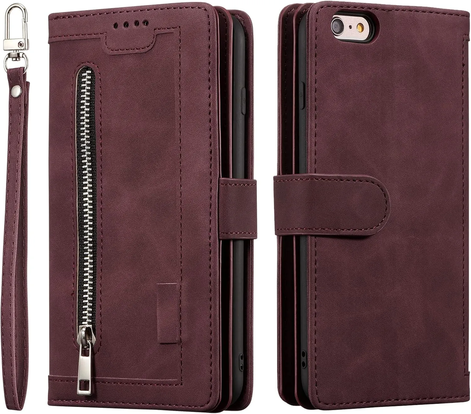 UEEBAI Wallet Case for iPhone 16e, 9 Card Holder Slots Zipper Pocket Handbag Cover Magnetic Closure Kickstand with Wrist Strap TPU Shockproof SE4 Flip Case for Women - Wine Red