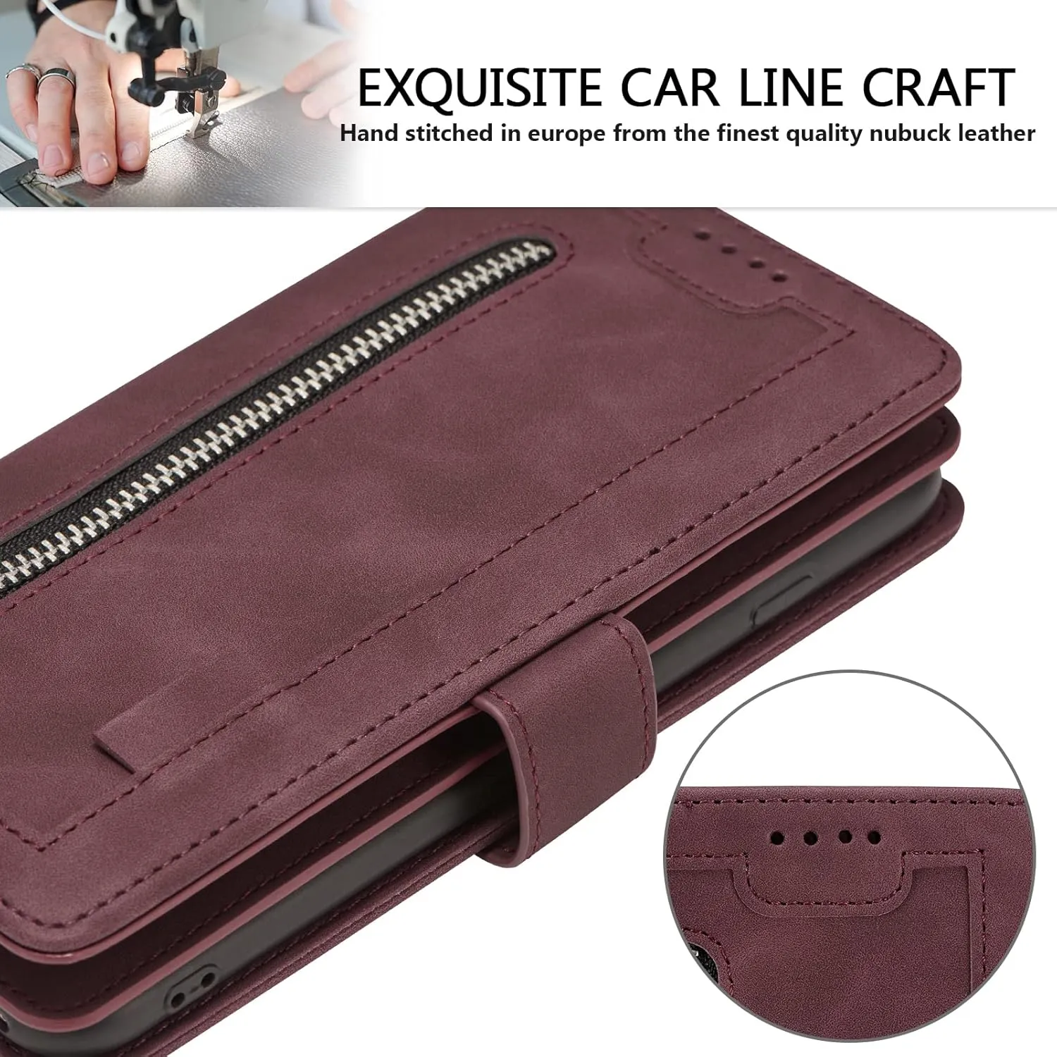 UEEBAI Wallet Case for iPhone 16e, 9 Card Holder Slots Zipper Pocket Handbag Cover Magnetic Closure Kickstand with Wrist Strap TPU Shockproof SE4 Flip Case for Women - Wine Red