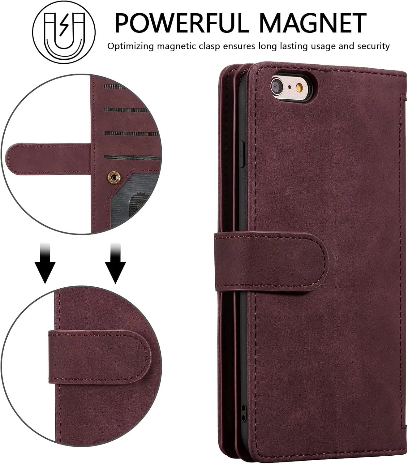 UEEBAI Wallet Case for iPhone 16e, 9 Card Holder Slots Zipper Pocket Handbag Cover Magnetic Closure Kickstand with Wrist Strap TPU Shockproof SE4 Flip Case for Women - Wine Red