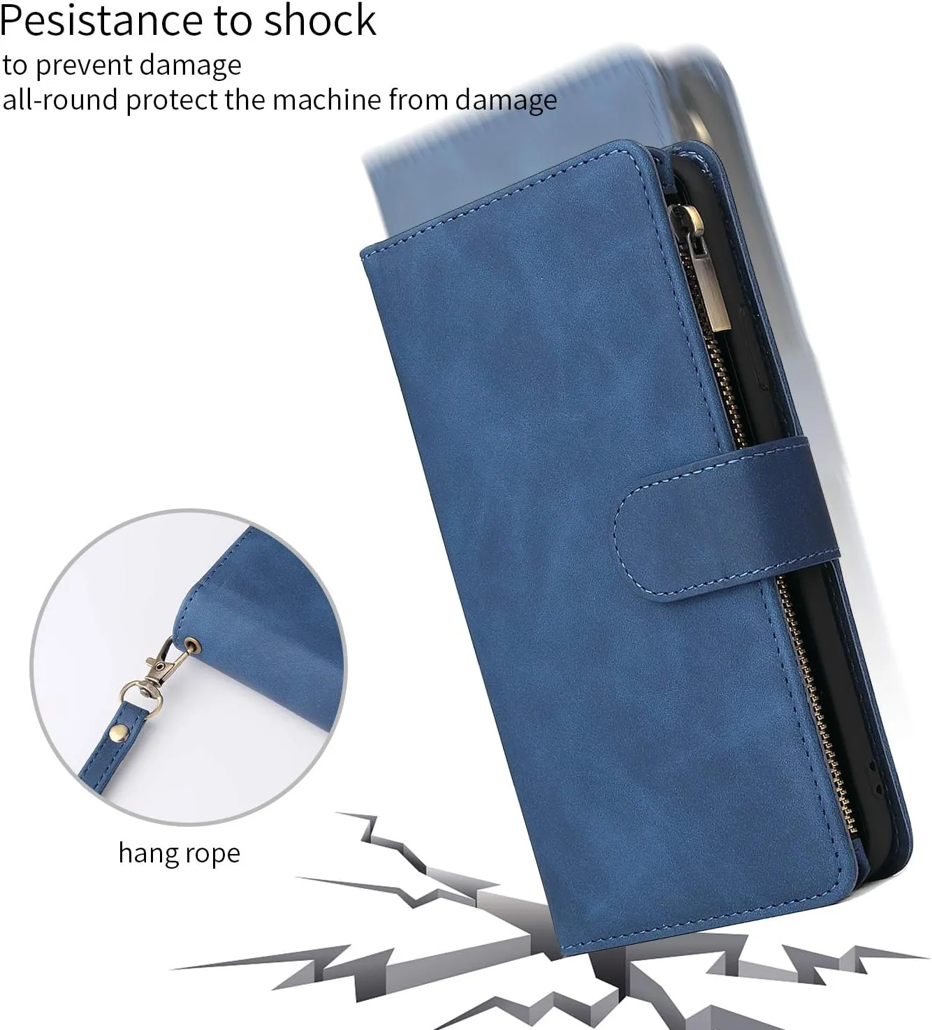 UEEBAI Wallet Case for Samsung Galaxy S20, Premium Vintage PU Leather Magnetic Closure Handbag Zipper Pocket Case Kickstand Card Holder Slots with Wrist Strap TPU Shockproof Flip Cover - Blue