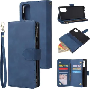 UEEBAI Wallet Case for Samsung Galaxy S20, Premium Vintage PU Leather Magnetic Closure Handbag Zipper Pocket Case Kickstand Card Holder Slots with Wrist Strap TPU Shockproof Flip Cover - Blue