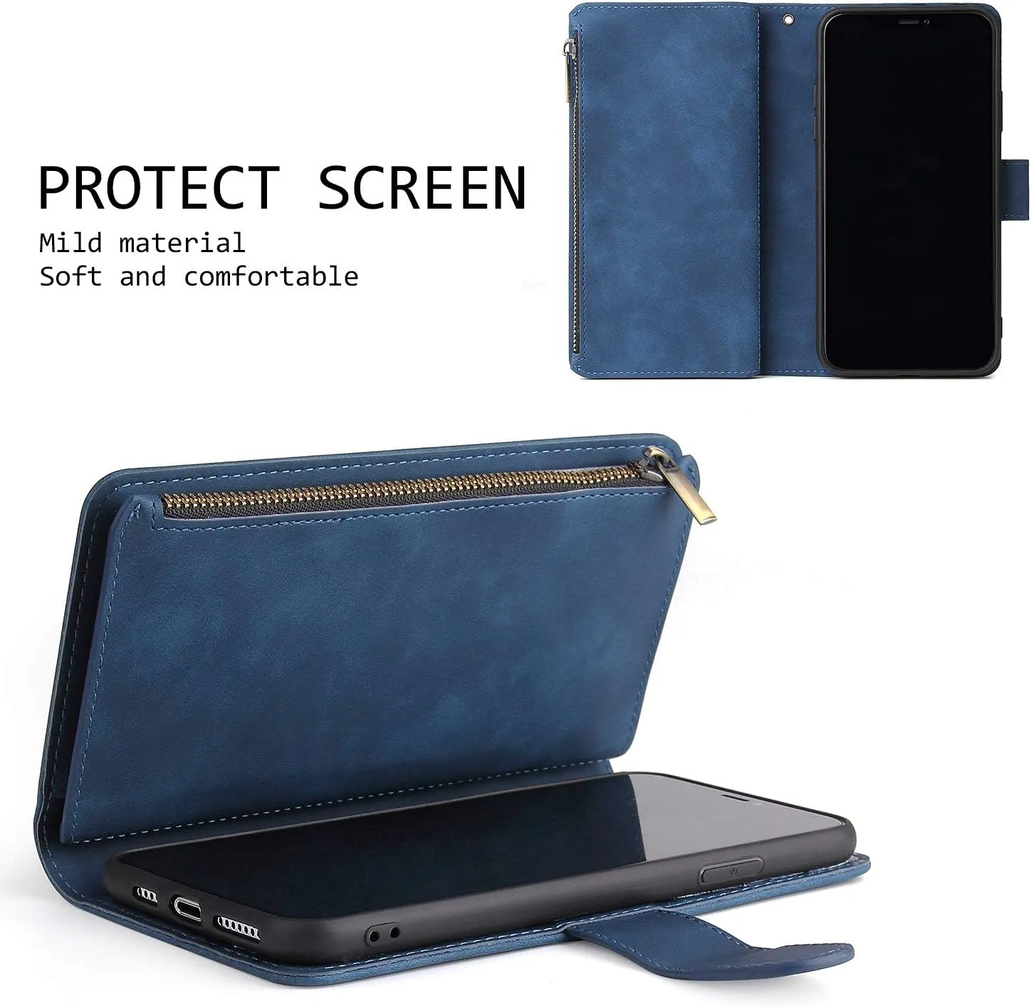 UEEBAI Wallet Case for Samsung Galaxy S20, Premium Vintage PU Leather Magnetic Closure Handbag Zipper Pocket Case Kickstand Card Holder Slots with Wrist Strap TPU Shockproof Flip Cover - Blue