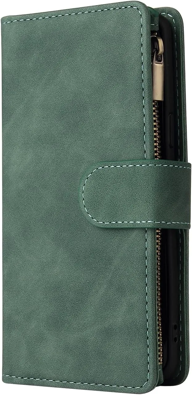UEEBAI Wallet Case for Samsung Galaxy S21 5G, Premium Vintage PU Leather Magnetic Closure Handbag Zipper Pocket Case Kickstand Card Holder Slots with Wrist Strap TPU Shockproof Flip Cover - Deep Green