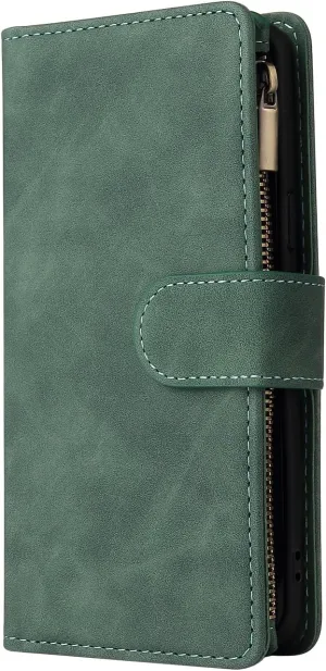 UEEBAI Wallet Case for Samsung Galaxy S21 5G, Premium Vintage PU Leather Magnetic Closure Handbag Zipper Pocket Case Kickstand Card Holder Slots with Wrist Strap TPU Shockproof Flip Cover - Deep Green