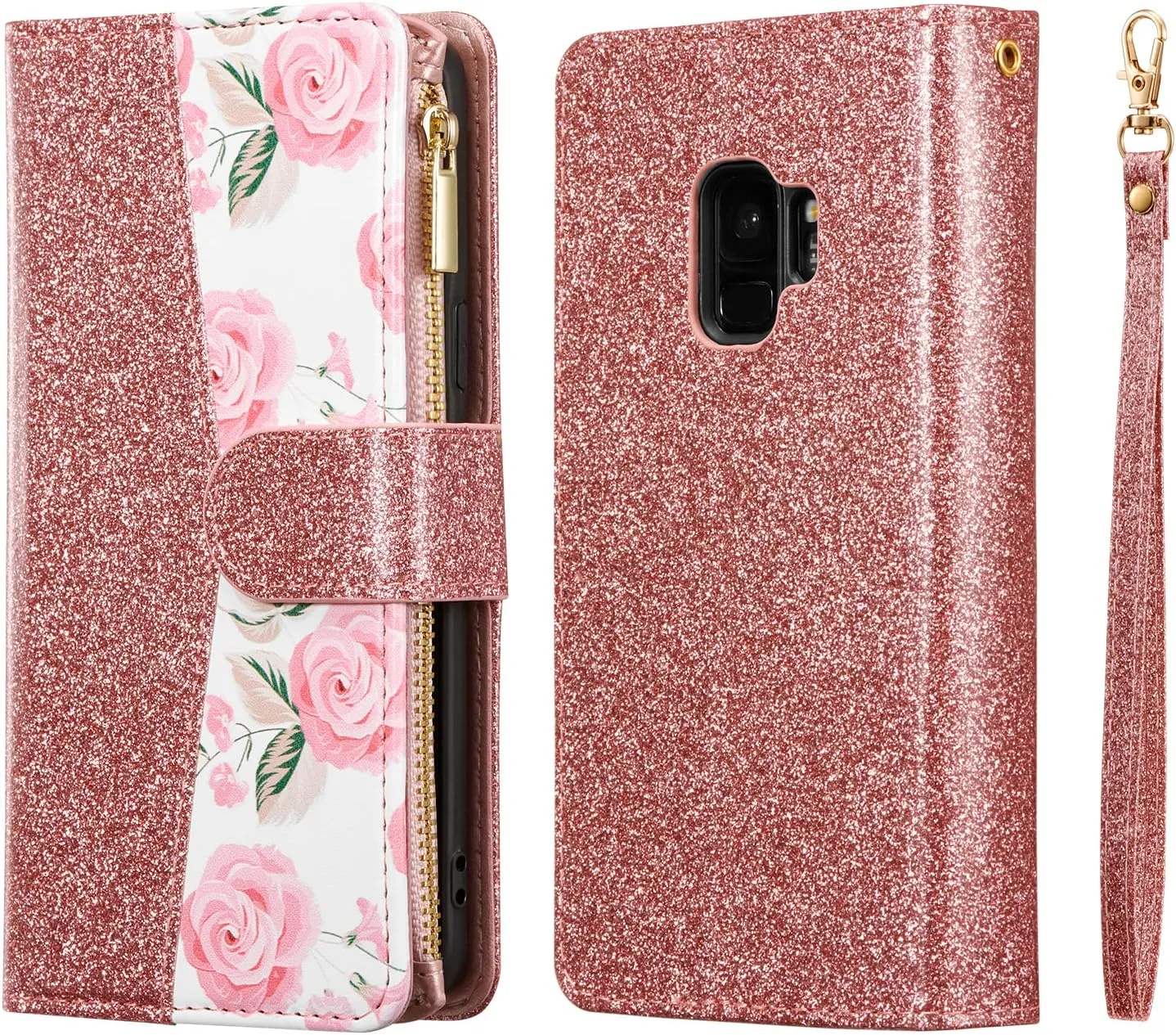 UEEBAI Wallet Case for Samsung Galaxy S9, Premium PU Leather Magnetic Closure Handbag Zipper Pocket Case Kickstand Card Slots with Hand Strap Shockproof Flip Case - Bling Rose Gold