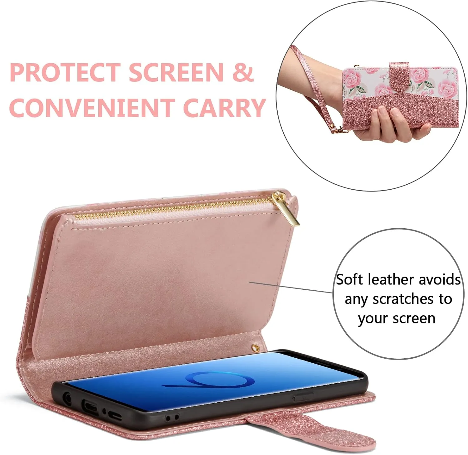 UEEBAI Wallet Case for Samsung Galaxy S9, Premium PU Leather Magnetic Closure Handbag Zipper Pocket Case Kickstand Card Slots with Hand Strap Shockproof Flip Case - Bling Rose Gold