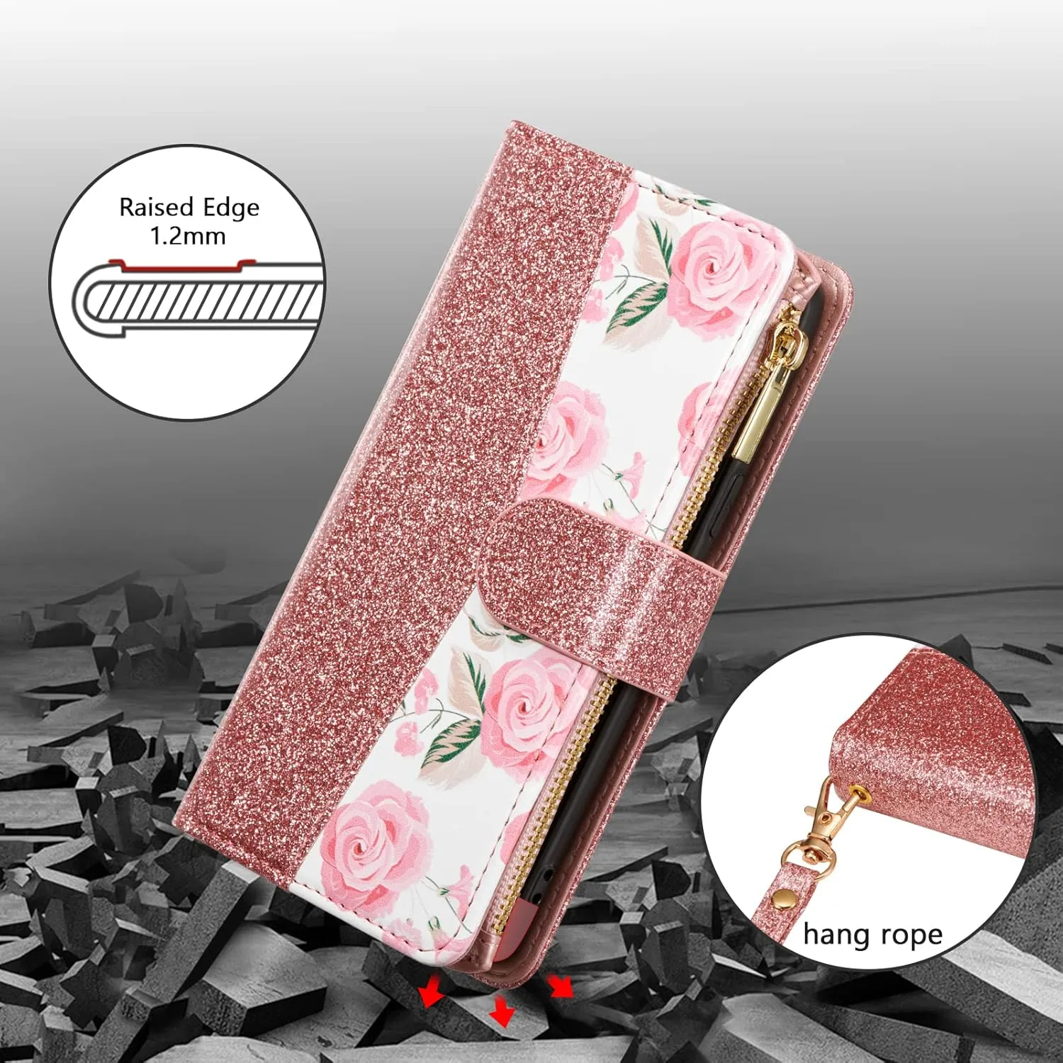 UEEBAI Wallet Case for Samsung Galaxy S9, Premium PU Leather Magnetic Closure Handbag Zipper Pocket Case Kickstand Card Slots with Hand Strap Shockproof Flip Case - Bling Rose Gold