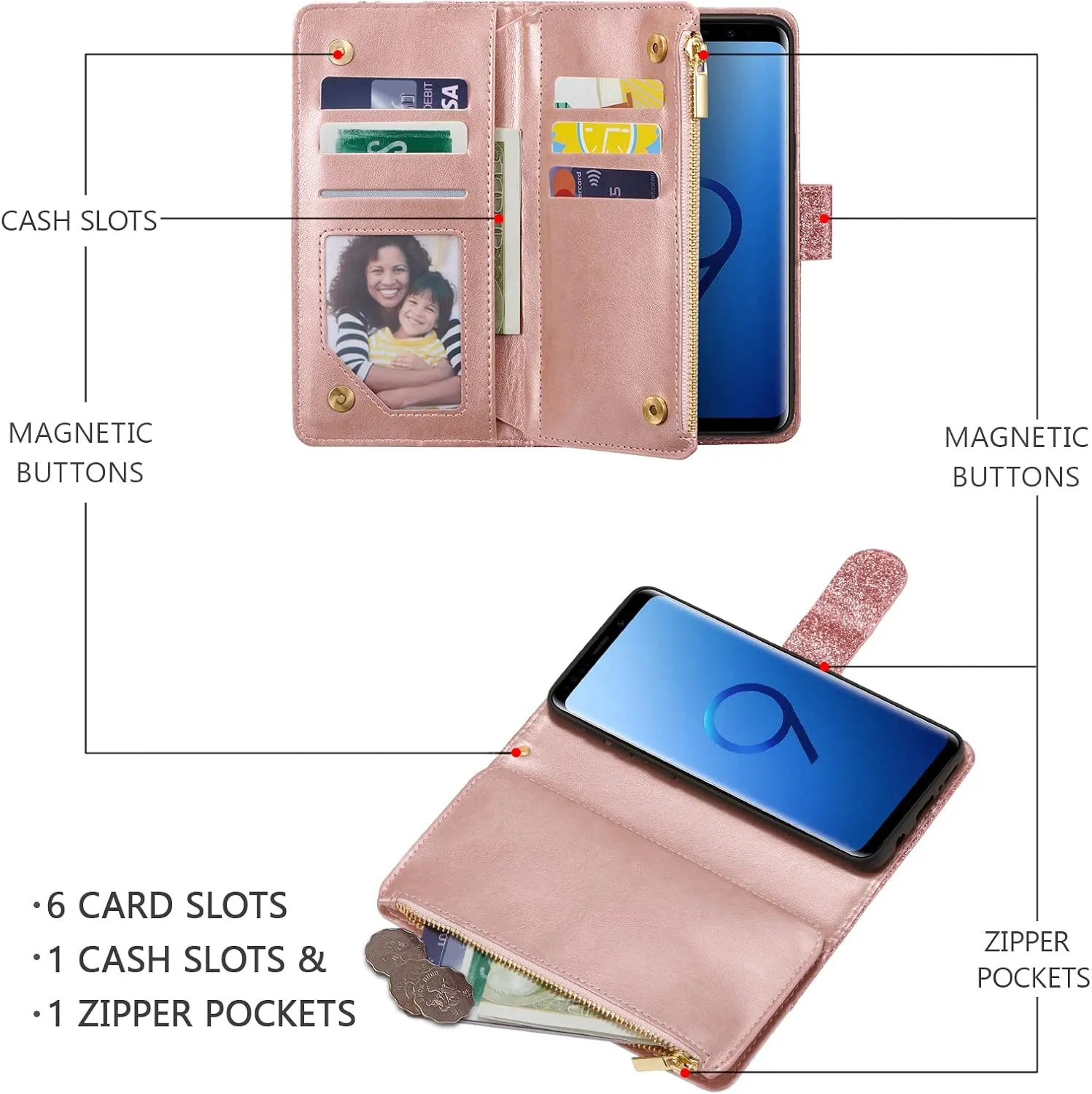 UEEBAI Wallet Case for Samsung Galaxy S9, Premium PU Leather Magnetic Closure Handbag Zipper Pocket Case Kickstand Card Slots with Hand Strap Shockproof Flip Case - Bling Rose Gold