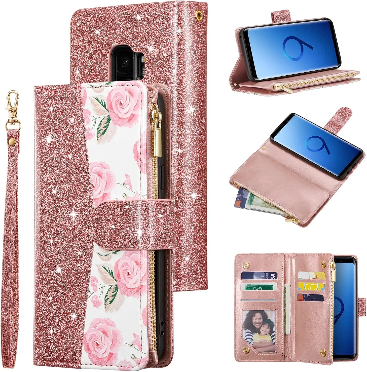UEEBAI Wallet Case for Samsung Galaxy S9, Premium PU Leather Magnetic Closure Handbag Zipper Pocket Case Kickstand Card Slots with Hand Strap Shockproof Flip Case - Bling Rose Gold