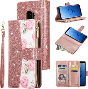 UEEBAI Wallet Case for Samsung Galaxy S9, Premium PU Leather Magnetic Closure Handbag Zipper Pocket Case Kickstand Card Slots with Hand Strap Shockproof Flip Case - Bling Rose Gold