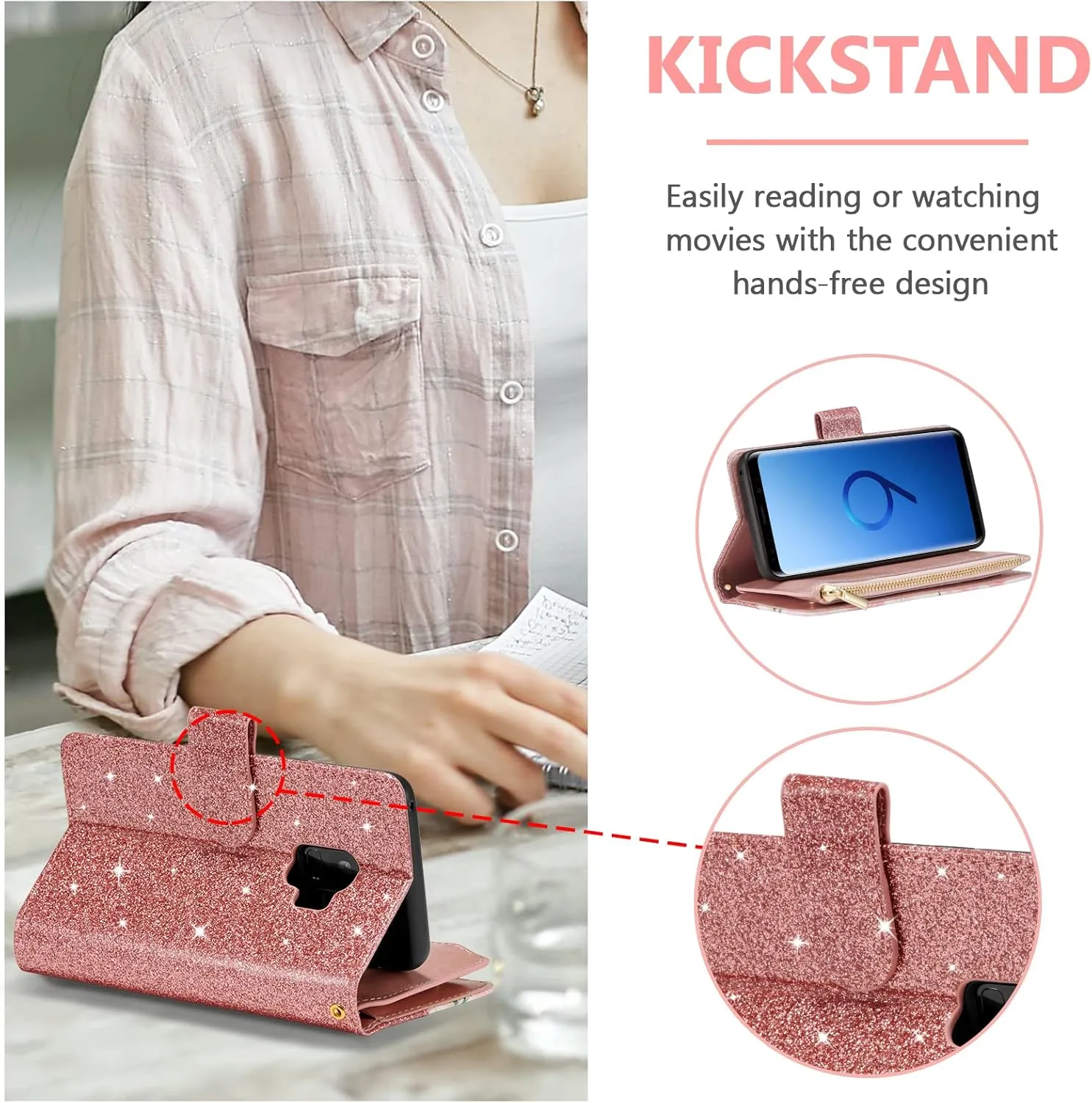 UEEBAI Wallet Case for Samsung Galaxy S9, Premium PU Leather Magnetic Closure Handbag Zipper Pocket Case Kickstand Card Slots with Hand Strap Shockproof Flip Case - Bling Rose Gold