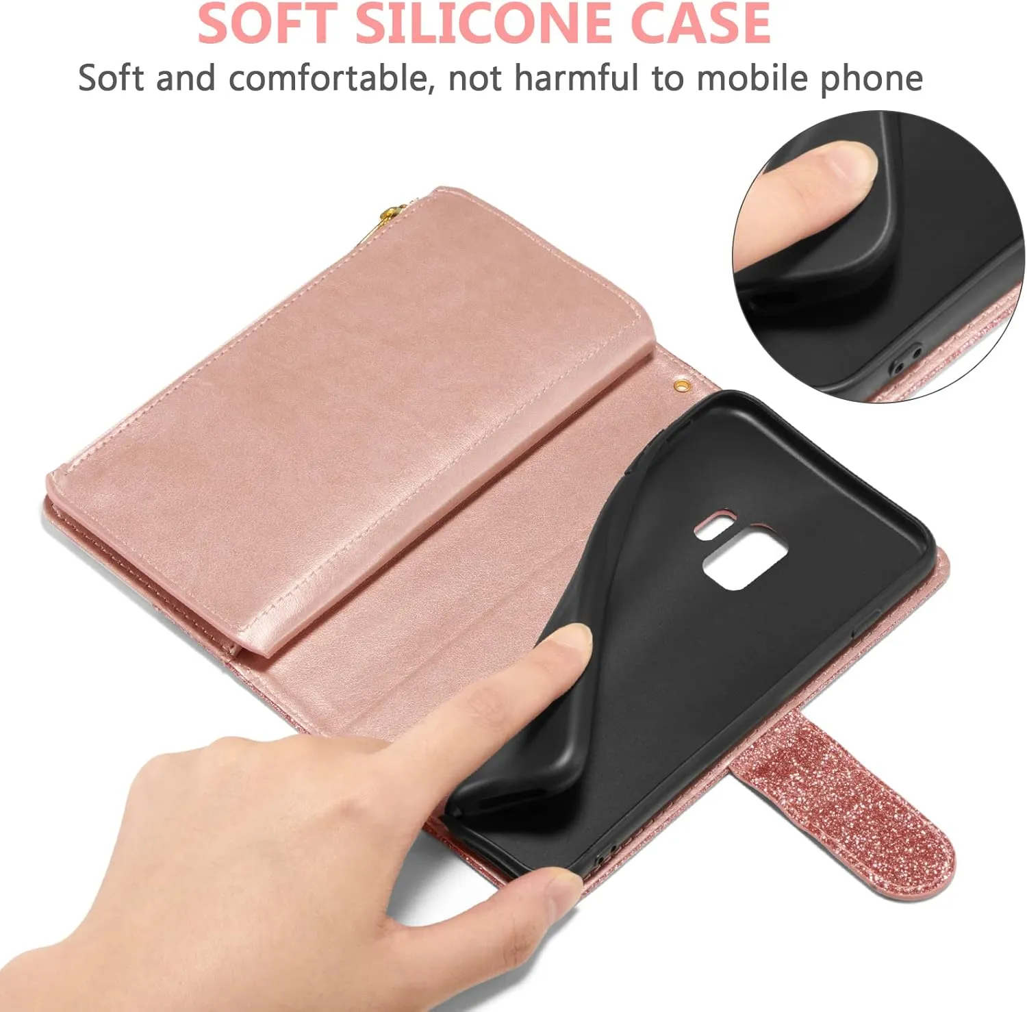 UEEBAI Wallet Case for Samsung Galaxy S9, Premium PU Leather Magnetic Closure Handbag Zipper Pocket Case Kickstand Card Slots with Hand Strap Shockproof Flip Case - Bling Rose Gold