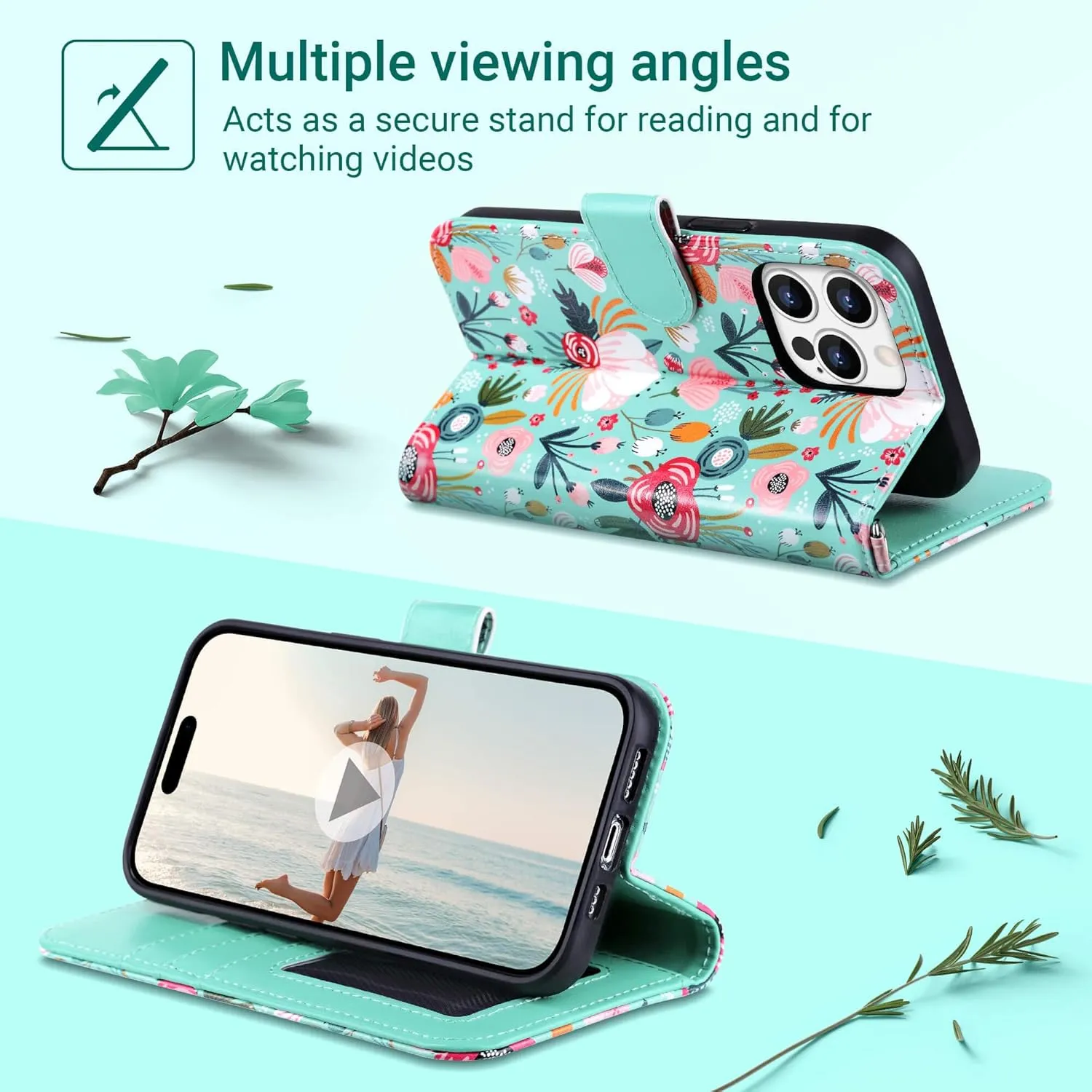 ULAK Compatible with iPhone 15 Pro Wallet Case with Card Holder, Flower Flip Case Wallet for Women Girls PU Leather Kickstand Wrist Strap Shockproof Phone Cover for iPhone 15 Pro 6.1", Mint Floral