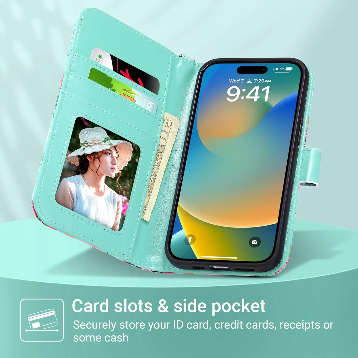 ULAK Compatible with iPhone 15 Pro Wallet Case with Card Holder, Flower Flip Case Wallet for Women Girls PU Leather Kickstand Wrist Strap Shockproof Phone Cover for iPhone 15 Pro 6.1", Mint Floral