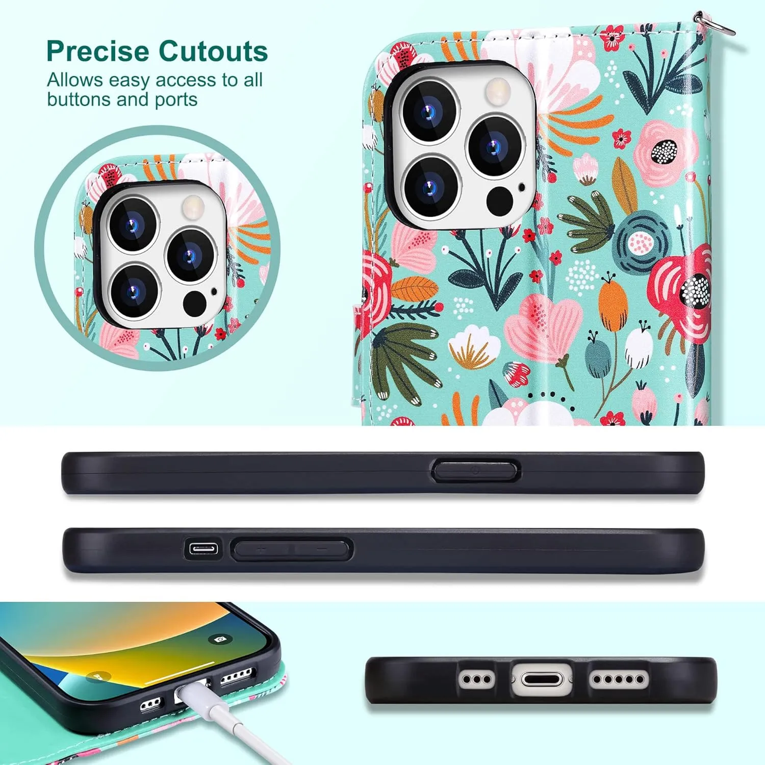 ULAK Compatible with iPhone 15 Pro Wallet Case with Card Holder, Flower Flip Case Wallet for Women Girls PU Leather Kickstand Wrist Strap Shockproof Phone Cover for iPhone 15 Pro 6.1", Mint Floral